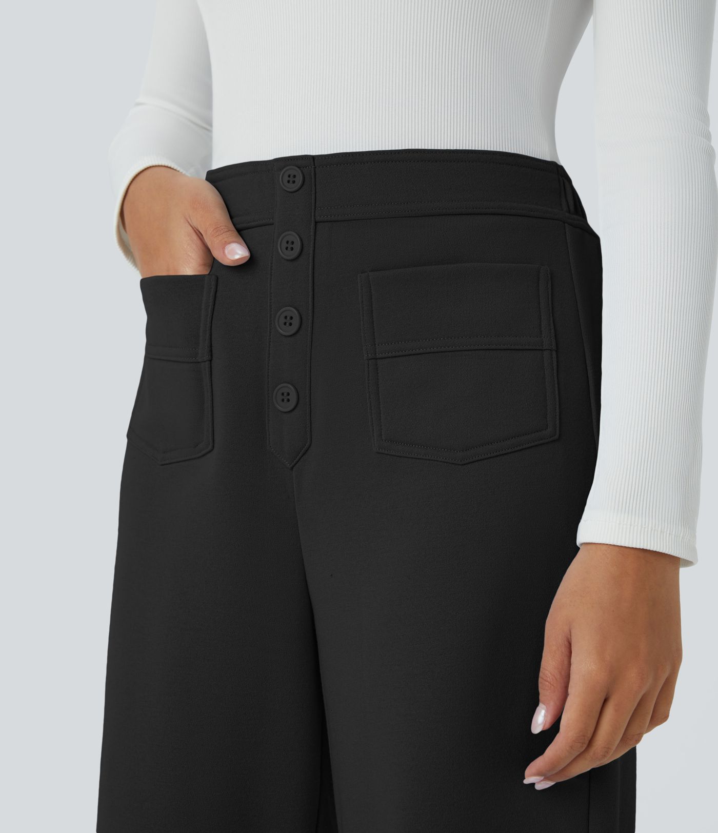 Pantalón polar tiro alto botón múltiple bolsillo pierna recta