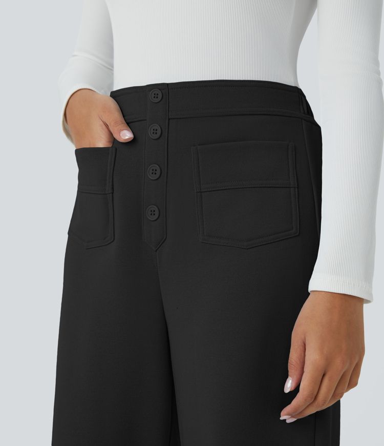 Pantalón polar tiro alto botón múltiple bolsillo pierna recta