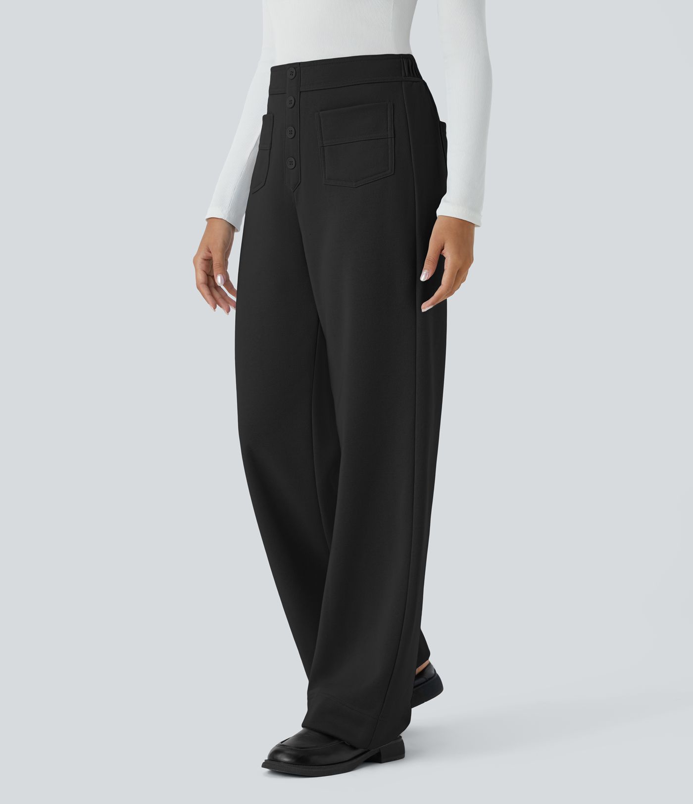 Pantalón polar tiro alto botón múltiple bolsillo pierna recta