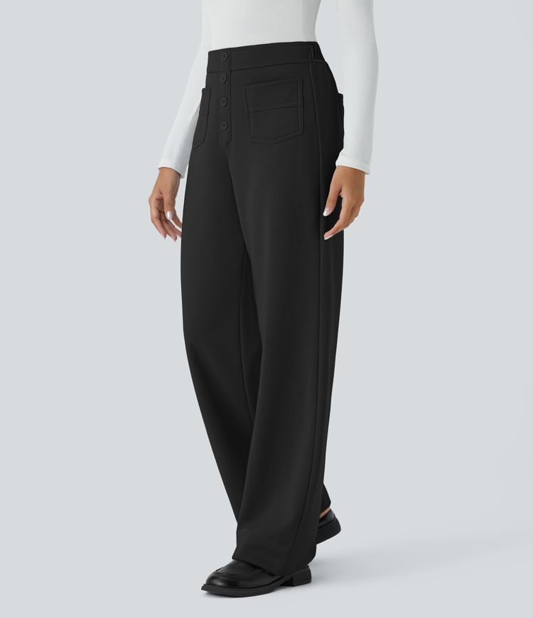 Pantalón polar tiro alto botón múltiple bolsillo pierna recta