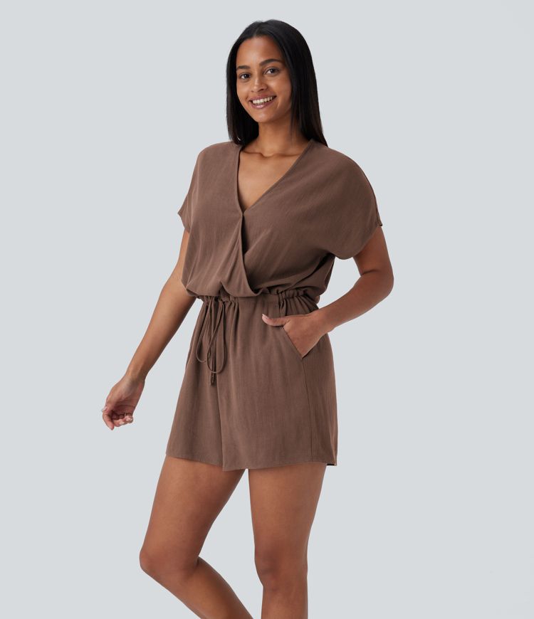 V-Ausschnitt Überkreuz Kurzarm Kordelzug Taschen Leinen-Mix Lässiger Einteiler