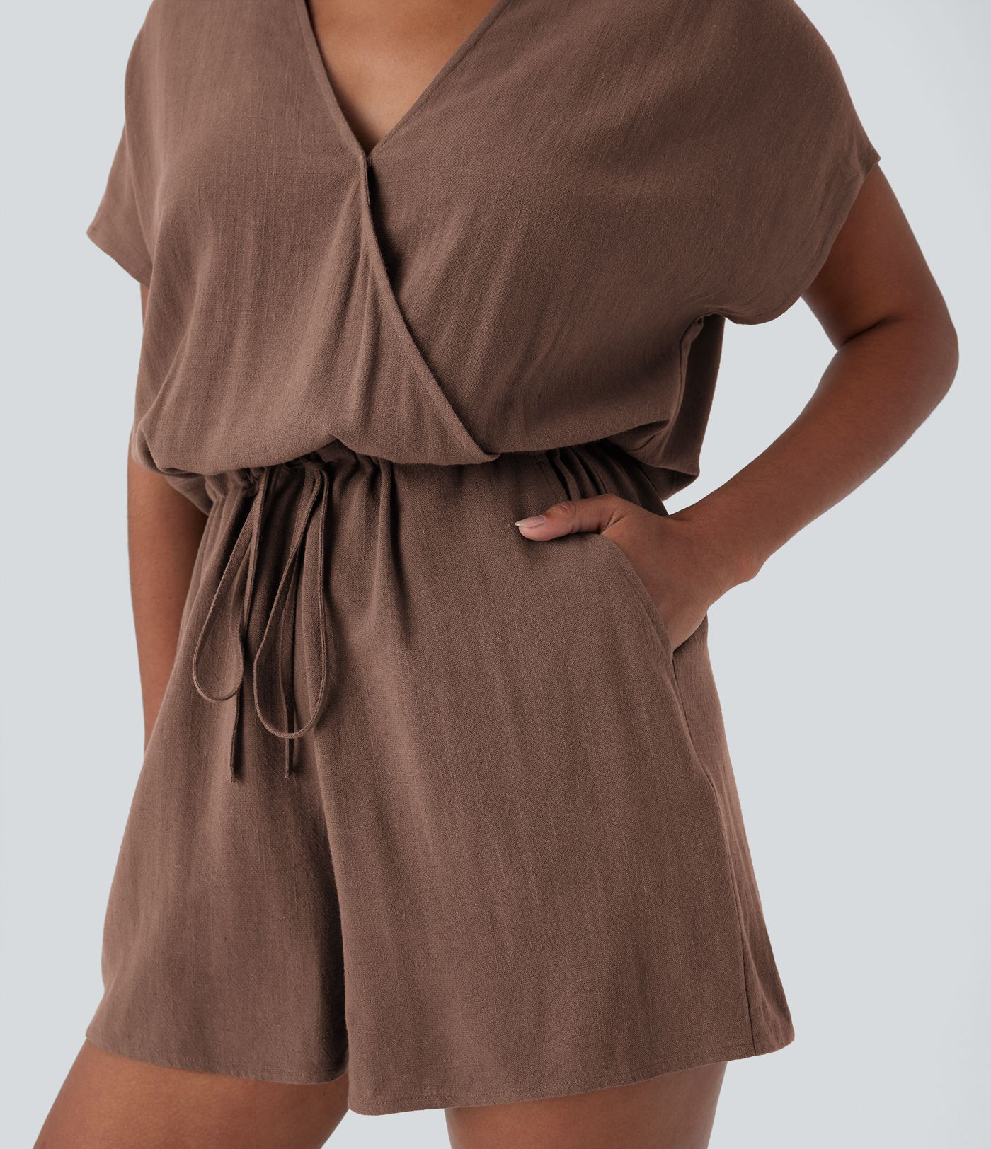 V-Ausschnitt Überkreuz Kurzarm Kordelzug Taschen Leinen-Mix Lässiger Einteiler