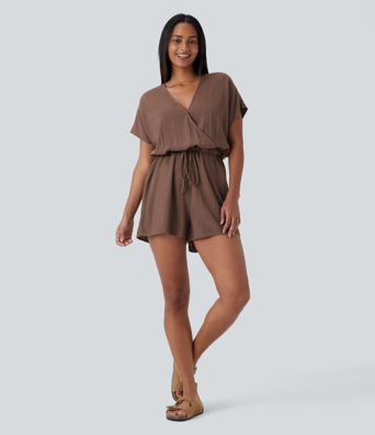 V-Ausschnitt Überkreuz Kurzarm Kordelzug Taschen Leinen-Mix Lässiger Einteiler