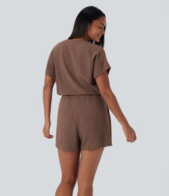 V-Ausschnitt Überkreuz Kurzarm Kordelzug Taschen Leinen-Mix Lässiger Einteiler