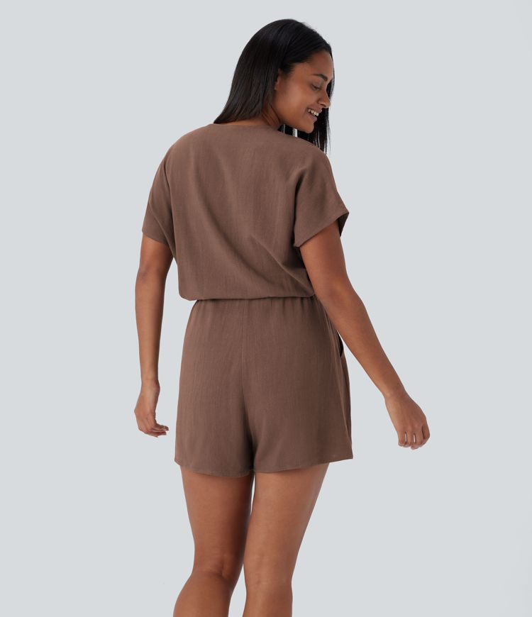 V-Ausschnitt Überkreuz Kurzarm Kordelzug Taschen Leinen-Mix Lässiger Einteiler