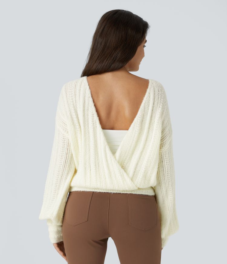 Sheer V Neck Long Sleeve Work Jumper-Front and Back Wearable