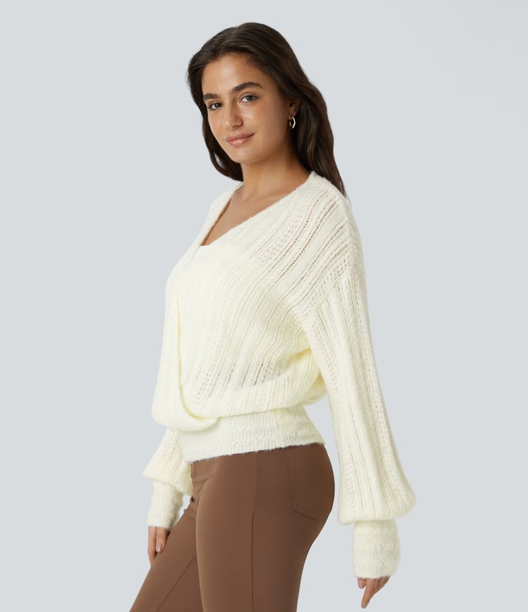 Sheer V Neck Long Sleeve Work Jumper-Front and Back Wearable