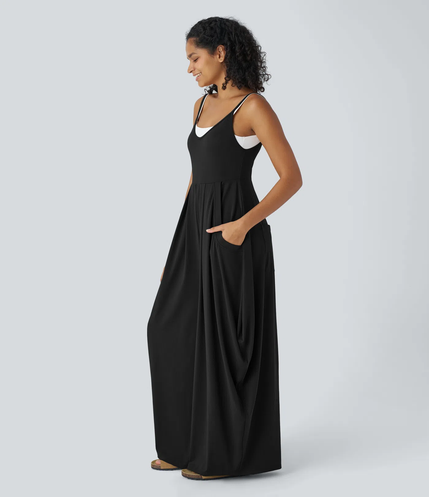 Backless Adjustable Strap Multiple Pockets Draped Wide Leg Casual Jumpsuit