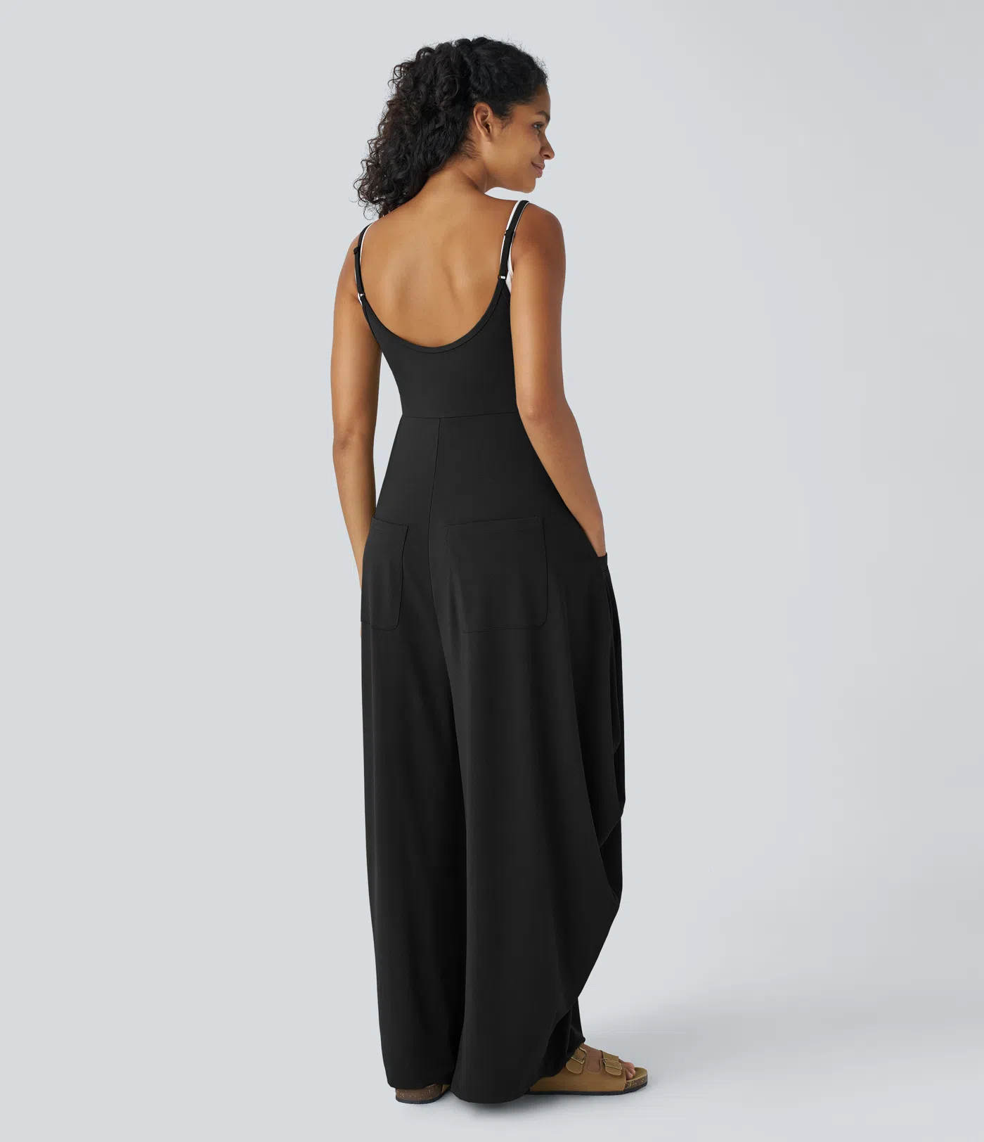 Backless Adjustable Strap Multiple Pockets Draped Wide Leg Casual Jumpsuit