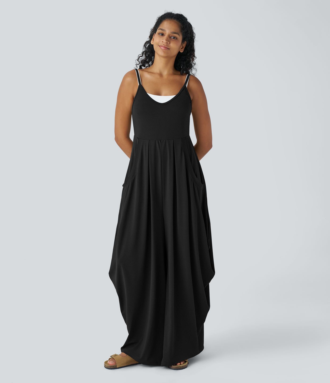 Pockets Draped Wide Leg Casual Jumpsuit