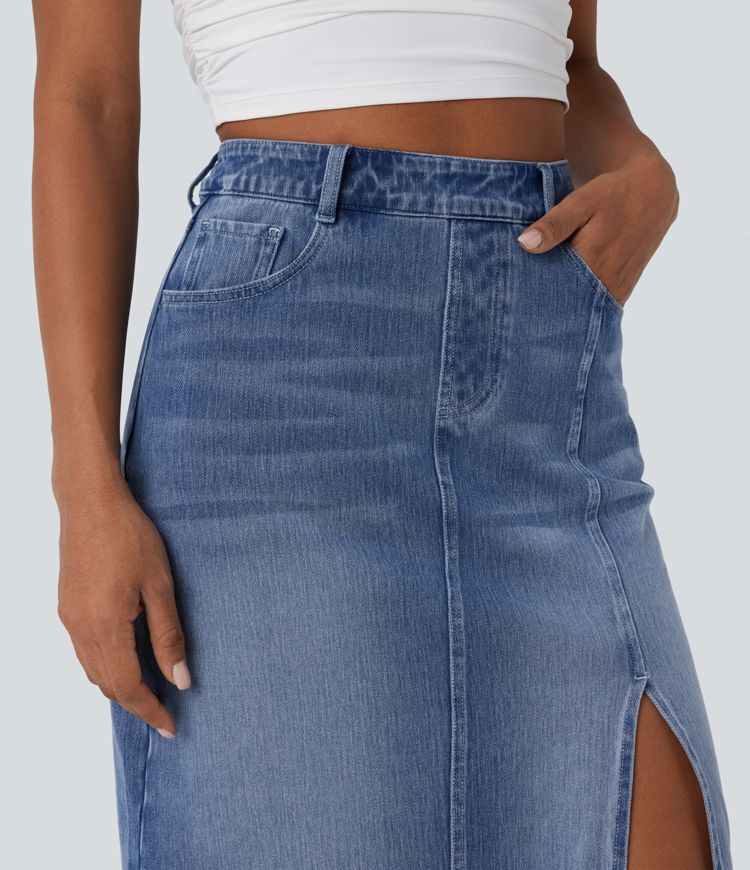 Halara Flex™ Jupe en Jean midi droite délavé taille haute avec poches multiples et fente