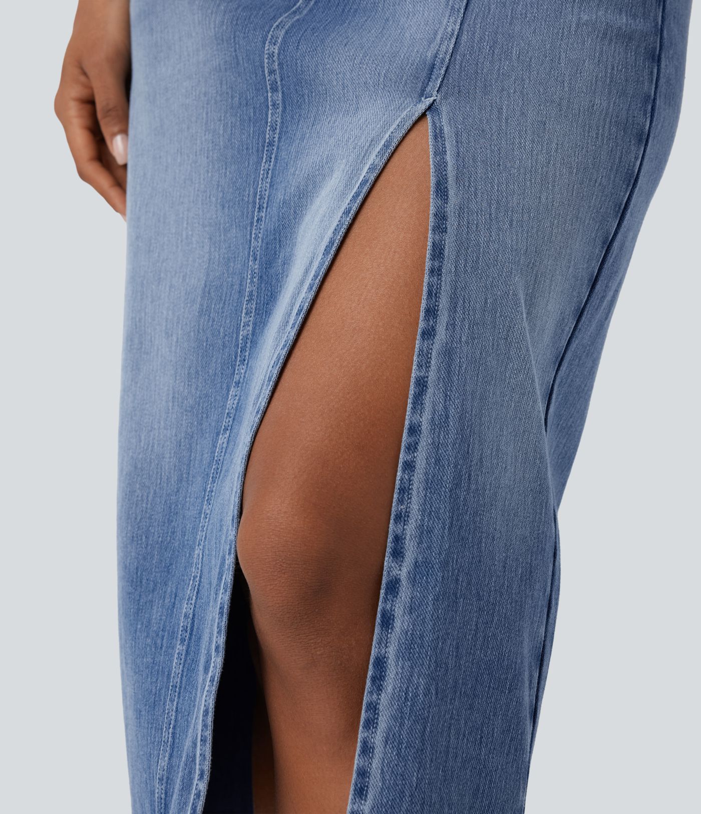 Halara Flex™ Jupe en Jean midi droite délavé taille haute avec poches multiples et fente