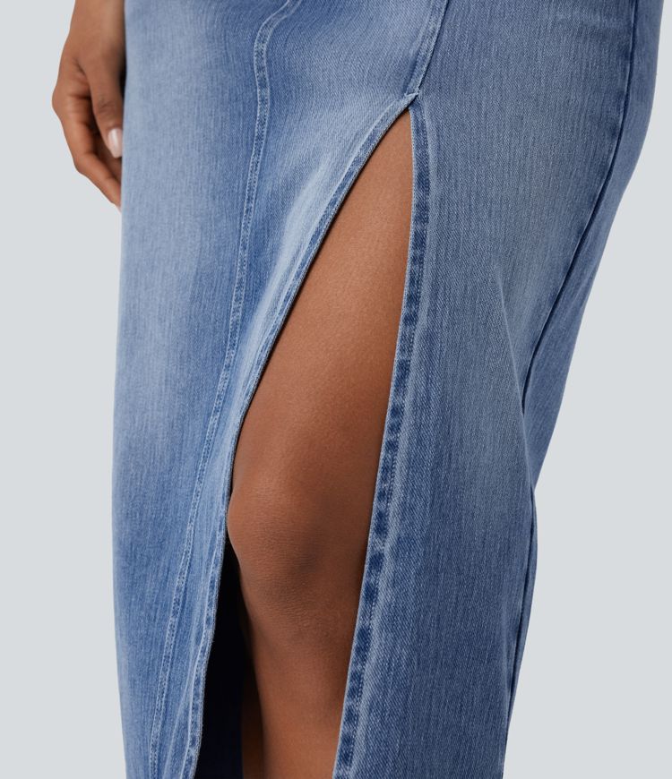 Halara Flex™ Jupe en Jean midi droite délavé taille haute avec poches multiples et fente