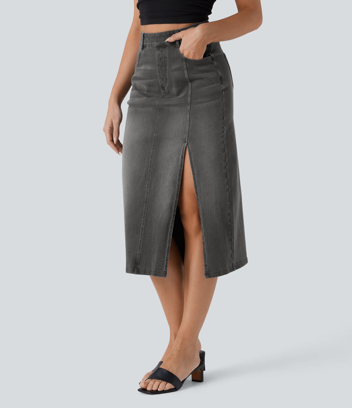 Halara Flex™ Jupe en Jean midi droite délavé taille haute avec poches multiples et fente