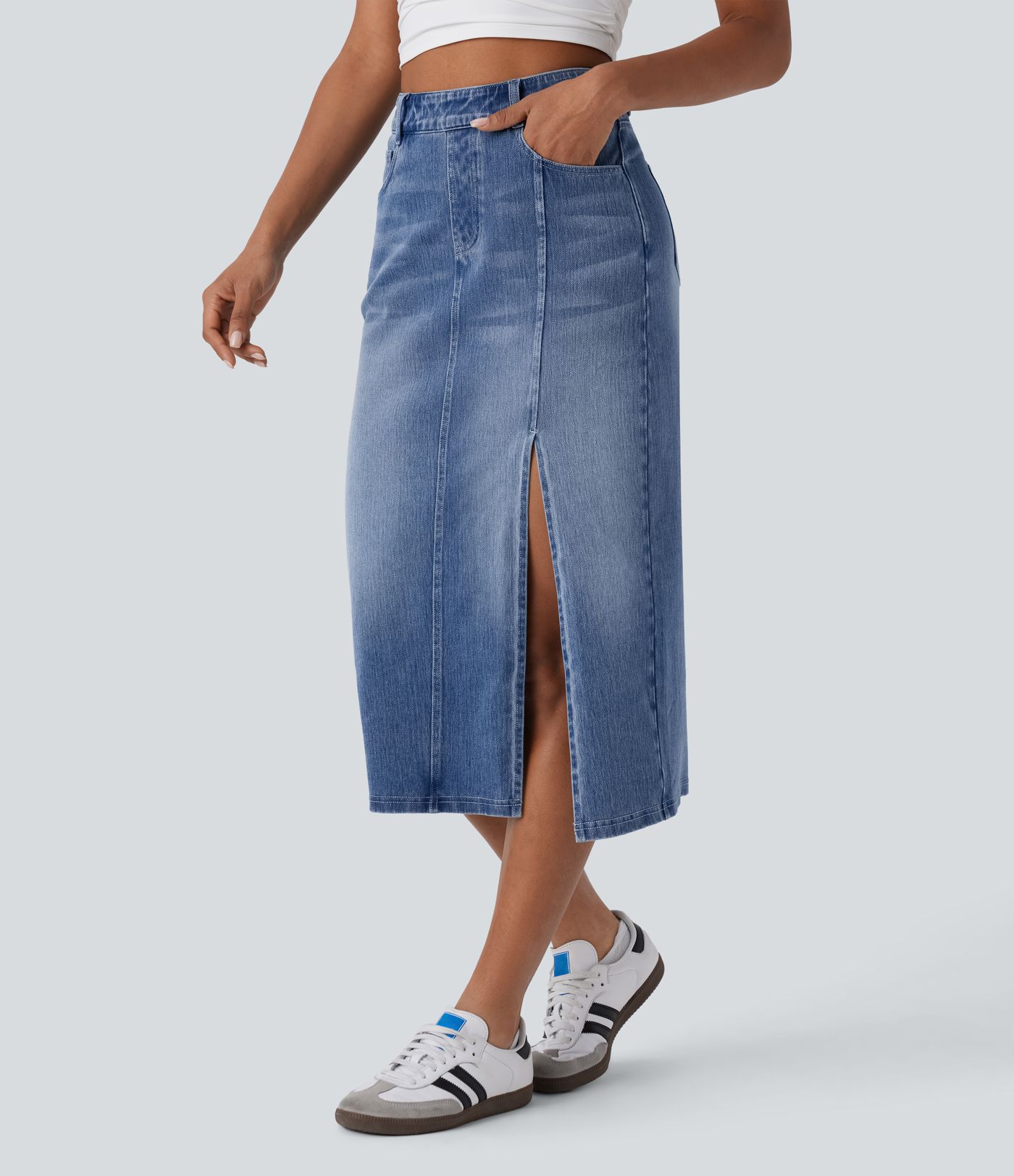 Falda Midi Halara Flex™ Denim elástico lavado tiro alto abertura múltiple bolsillo