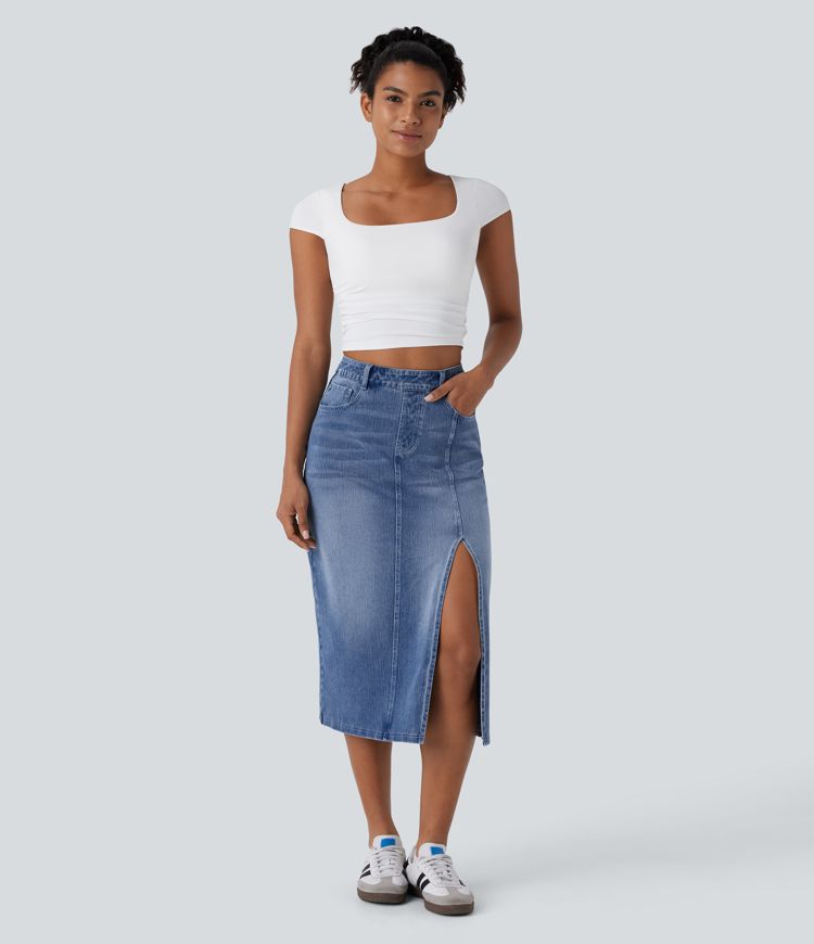 Falda Midi Halara Flex™ Denim elástico lavado tiro alto abertura múltiple bolsillo