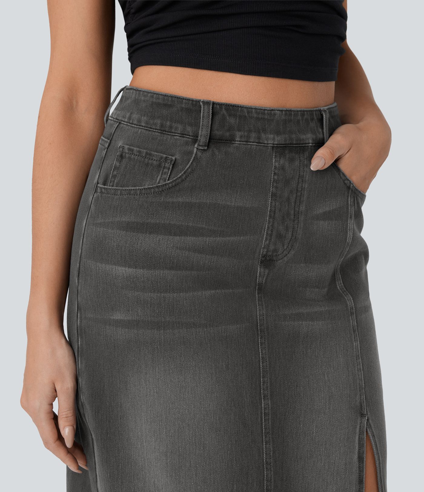 Halara Flex™ Jupe en Jean midi droite délavé taille haute avec poches multiples et fente