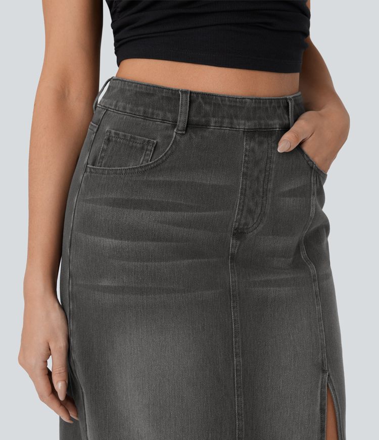 Halara Flex™ Jupe en Jean midi droite délavé taille haute avec poches multiples et fente
