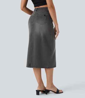 Halara Flex™ Jupe en Jean midi droite délavé taille haute avec poches multiples et fente