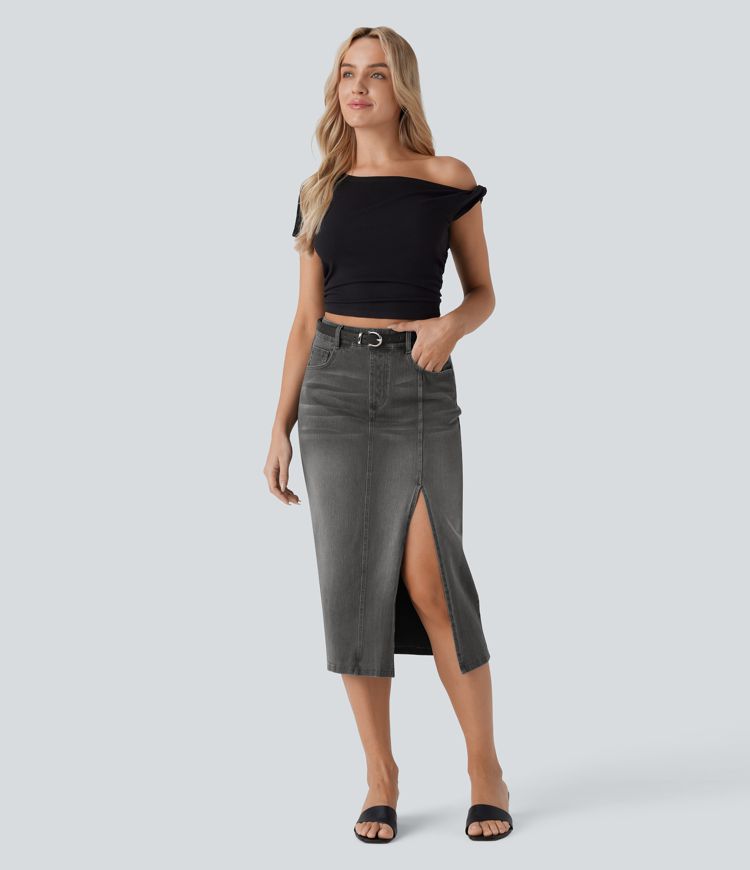 Halara Flex™ Jupe en Jean midi droite délavé taille haute avec poches multiples et fente