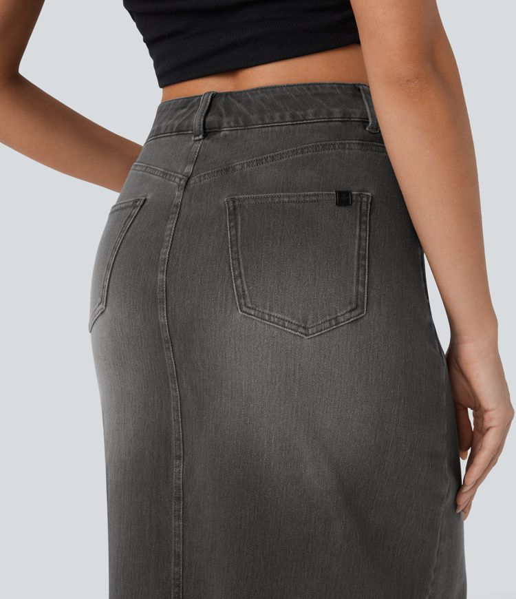 Halara Flex™ Jupe en Jean midi droite délavé taille haute avec poches multiples et fente
