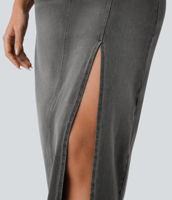 Halara Flex™ Jupe en Jean midi droite délavé taille haute avec poches multiples et fente