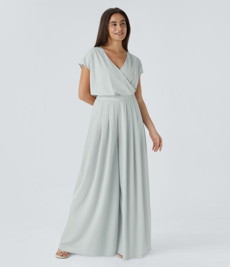 V Neck Short Sleeve Side Pocket Wide Leg Flowy Waffle Casual Jumpsuit