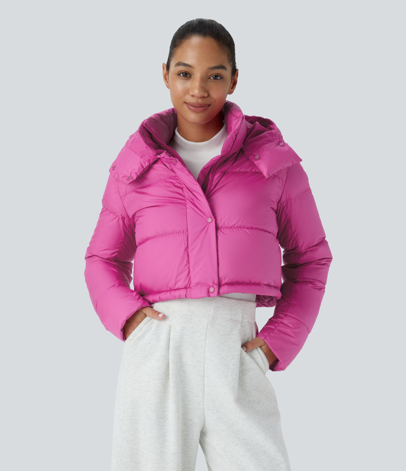 Water Repellent Removable Hood Button Long Sleeve Invisible Pocket Adjustable Drawcord Casual Puffer Down Jacket