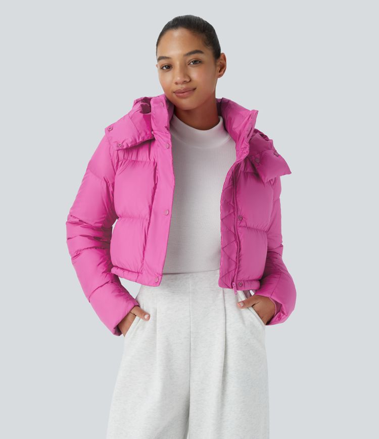 Water Repellent Removable Hood Button Long Sleeve Invisible Pocket Adjustable Drawcord Casual Puffer Down Jacket