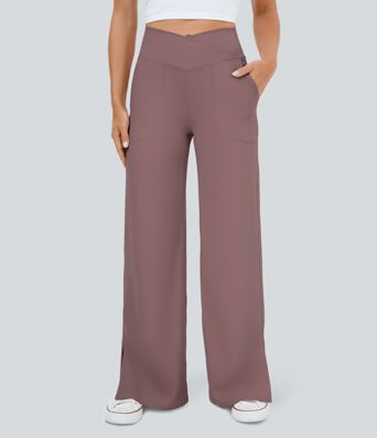 DayStretch Crossover Pocket Hem Wide Leg Yoga Pants-Smile