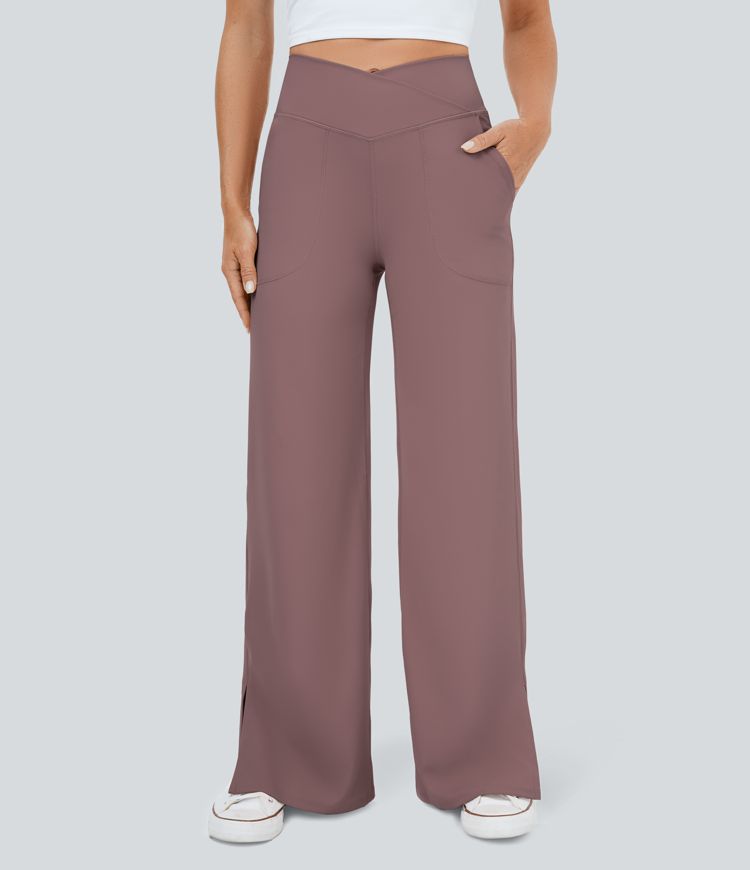 DayStretch Crossover Pocket Hem Wide Leg Yoga Pants-Smile
