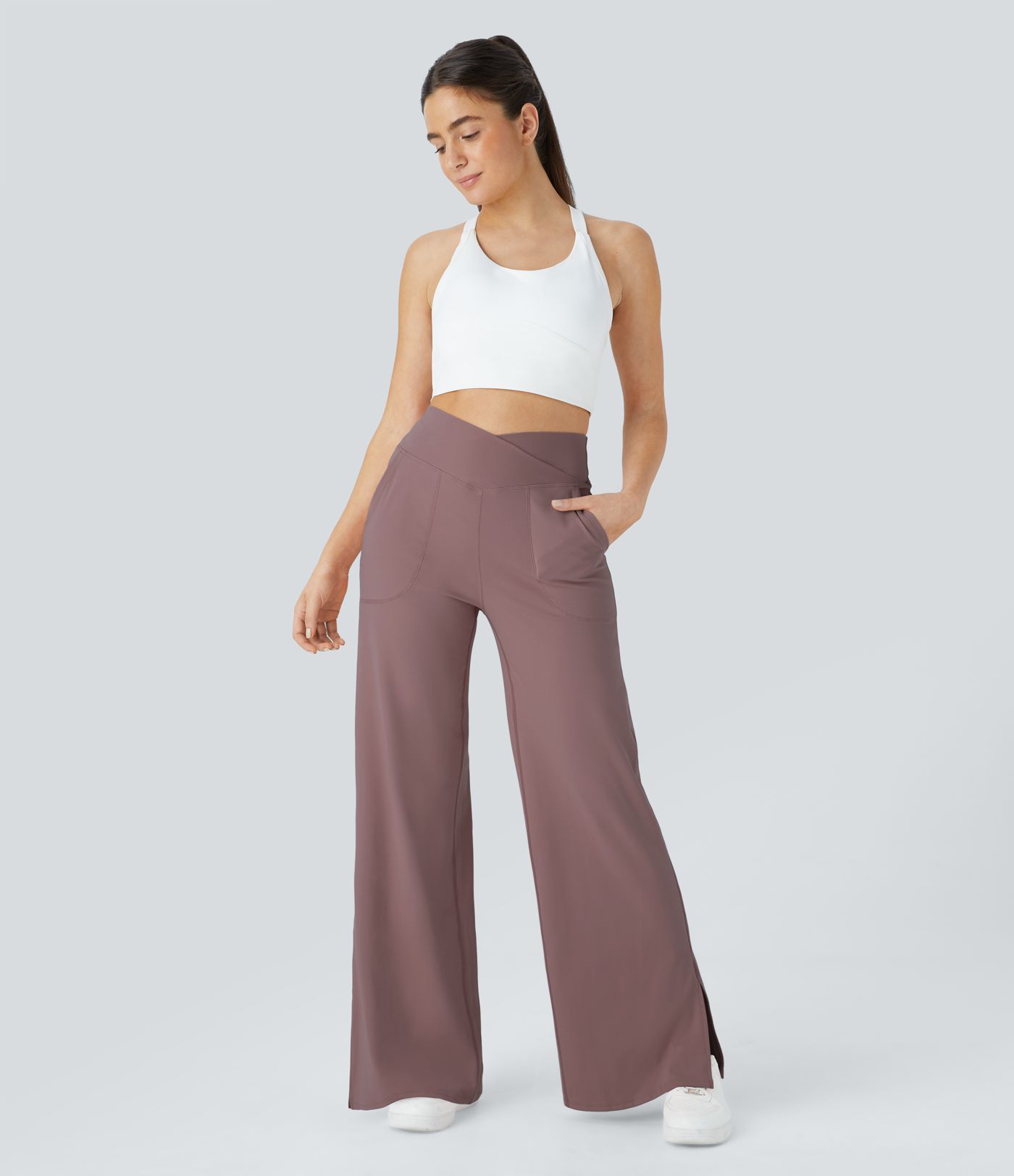 DayStretch Crossover Pocket Hem Wide Leg Yoga Pants-Smile