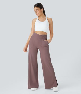 DayStretch Crossover Pocket Hem Wide Leg Yoga Pants-Smile