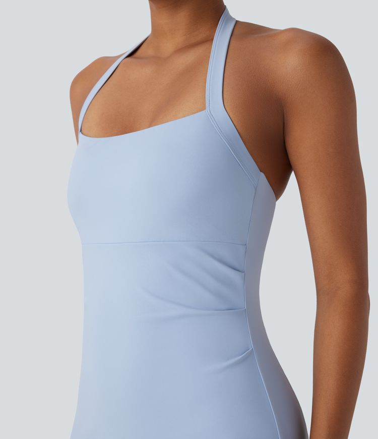 Softlyzero™ Airy Rückenfreies 2-in-1 Yoga-Minikleid mit Neckholder, Seitentaschen und Cool-Touch