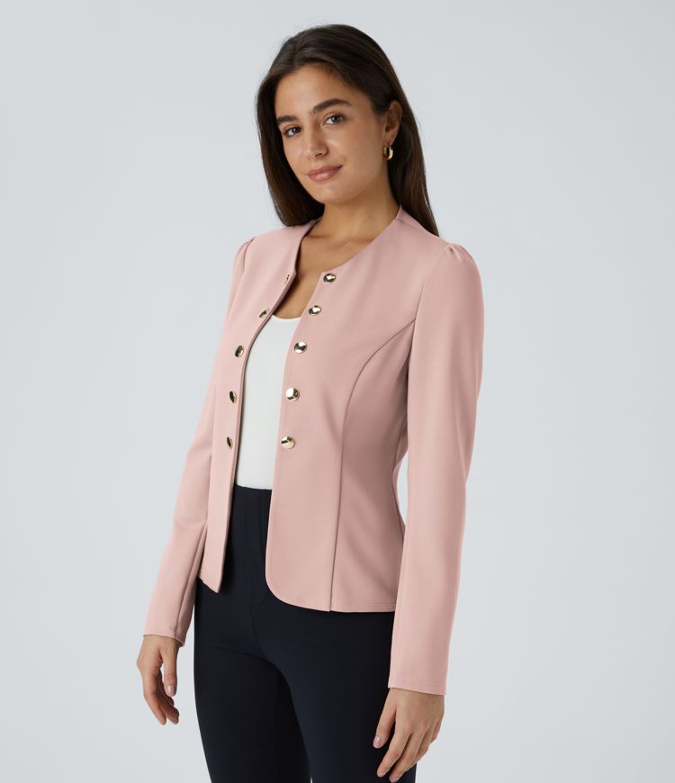 Round Neck Long Sleeve Decorative Button Slim Work Blazer