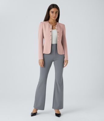 Round Neck Long Sleeve Decorative Button Slim Work Blazer