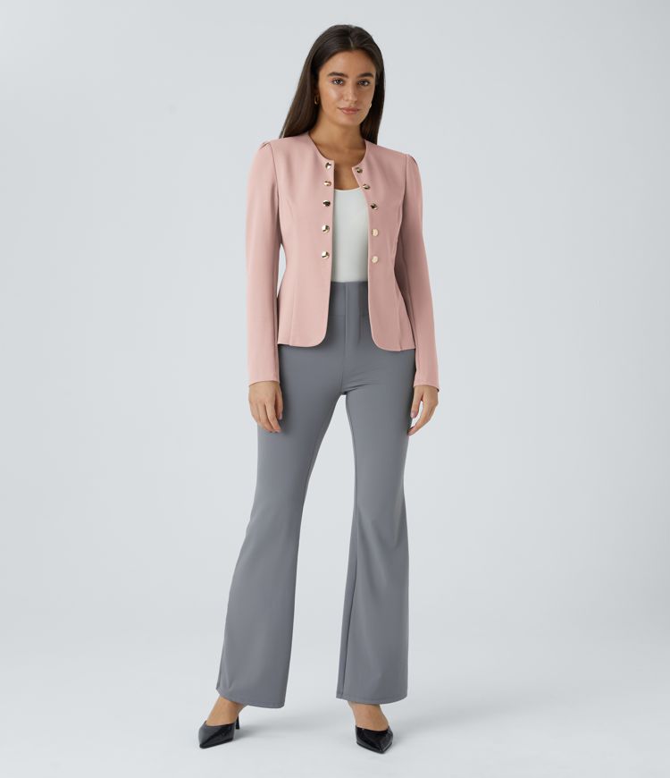 Round Neck Long Sleeve Decorative Button Slim Work Blazer