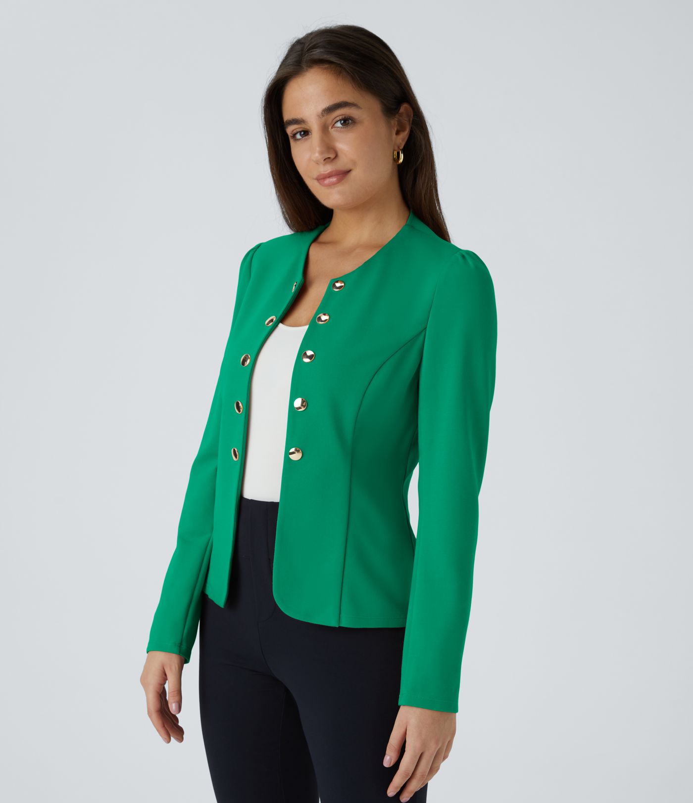 SculptKnit Round Neck Long Sleeve Decorative Button Slim Work Blazer