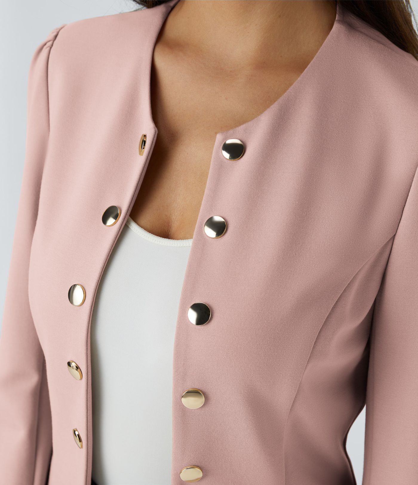 Round Neck Long Sleeve Decorative Button Slim Work Blazer