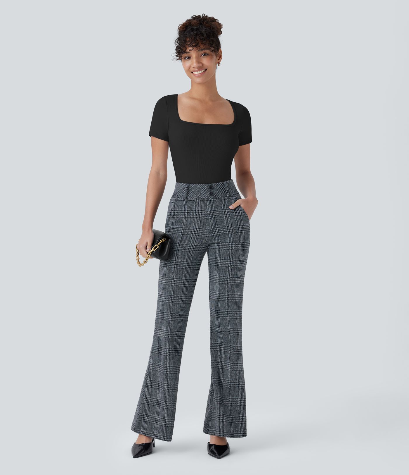 Ribbed Knit Square Neck Short Sleeve Button Skinny Work Bodysuit