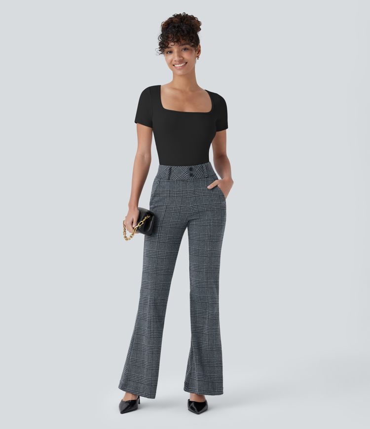 Ribbed Knit Square Neck Short Sleeve Button Skinny Work Bodysuit