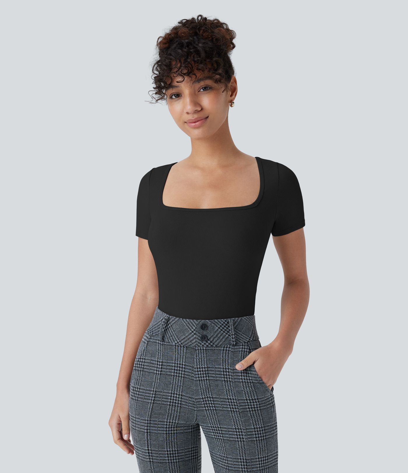 Ribbed Knit Square Neck Short Sleeve Button Skinny Work Bodysuit