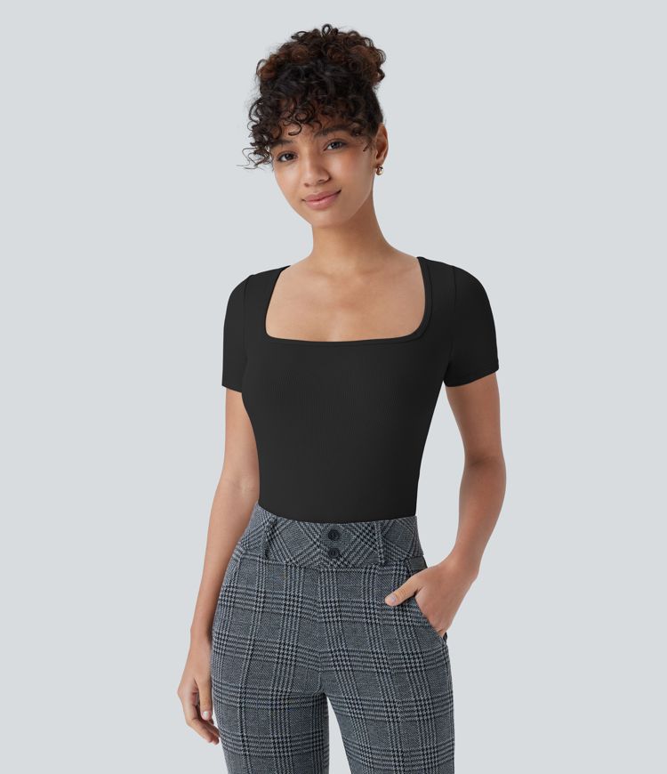 Ribbed Knit Square Neck Short Sleeve Button Skinny Work Bodysuit