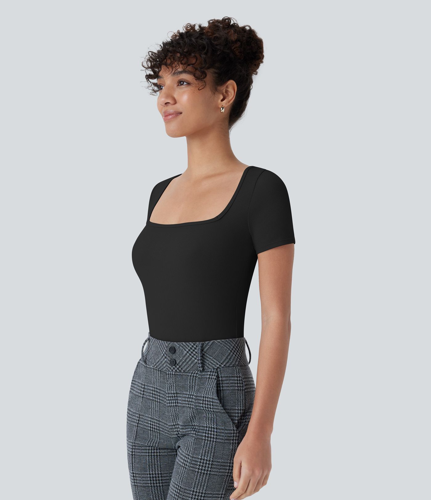 Ribbed Knit Square Neck Short Sleeve Button Skinny Work Bodysuit