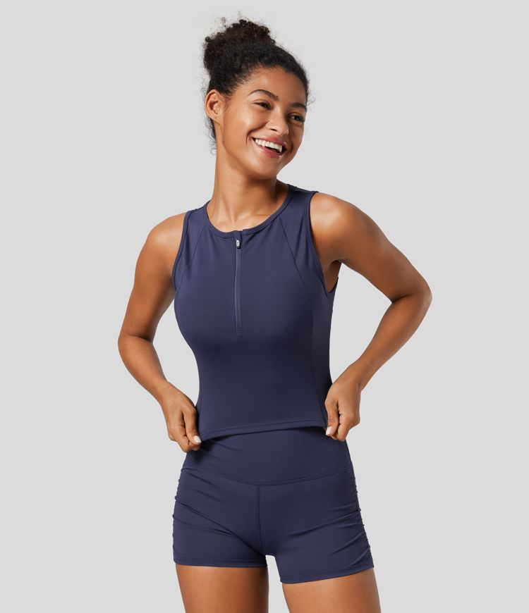 Softlyzero™ QuickDry Débardeur Course avec Col Rond Demi-Fermeture Éclair et Coupe Courte