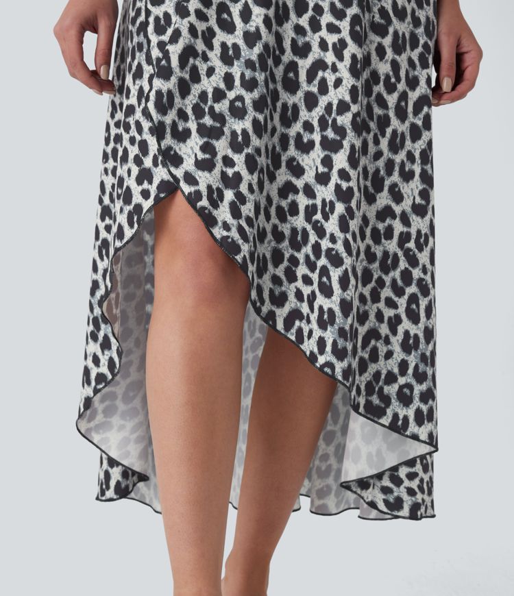 High Waisted High Low Ruffle Leopard Print Midi Flowy 2 Piece Skirt