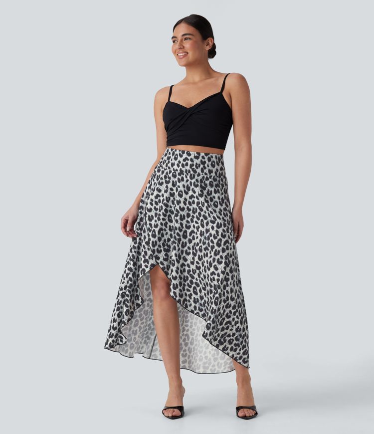 High Waisted High Low Ruffle Leopard Print Midi Flowy 2 Piece Skirt