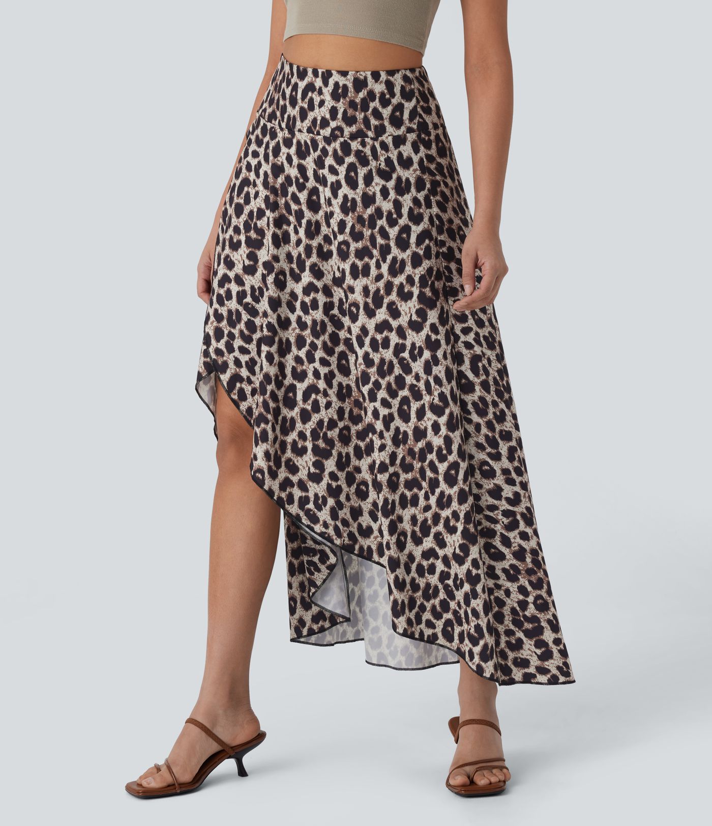 High Waisted Invisible Zipper High Low Ruffle Leopard Print Midi Flowy 2 Piece Resort Skirt
