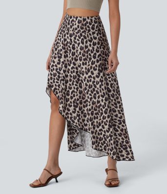 High Waisted Invisible Zipper High Low Ruffle Leopard Print Midi Flowy 2 Piece Resort Skirt