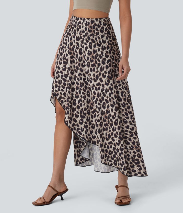 High Waisted Invisible Zipper High Low Ruffle Leopard Print Midi Flowy 2 Piece Resort Skirt